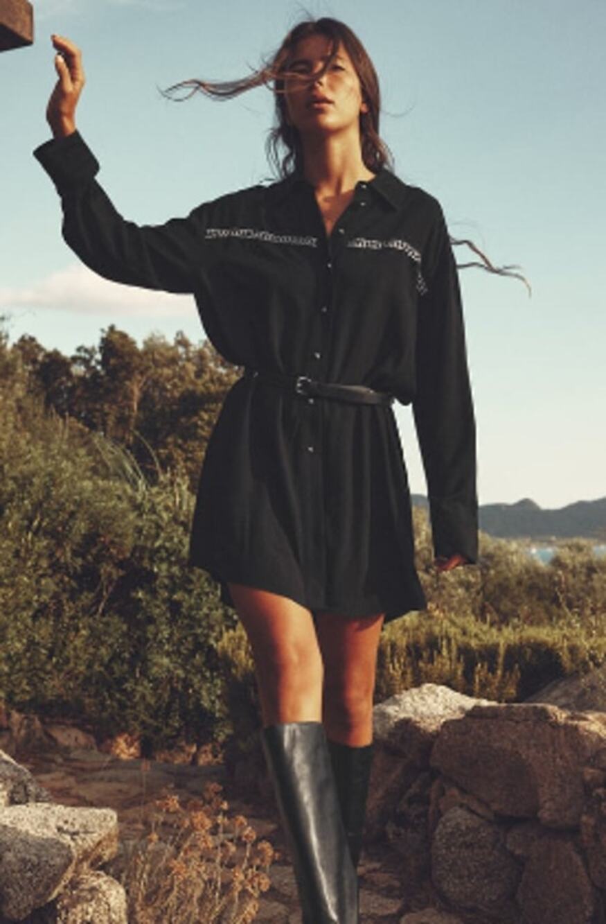 Zara Silver Studded Belted Long Sleeve Black Button Down Shirt Dress Size XS